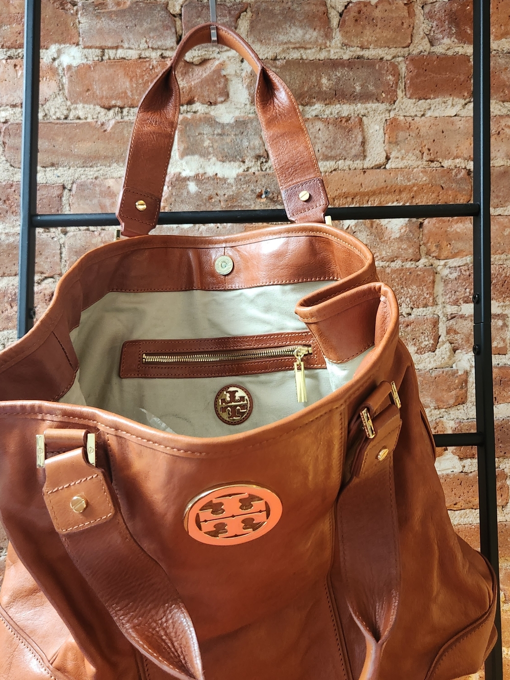 Tory Burch Cognac Leather Tote with Large Gold Logo Accent